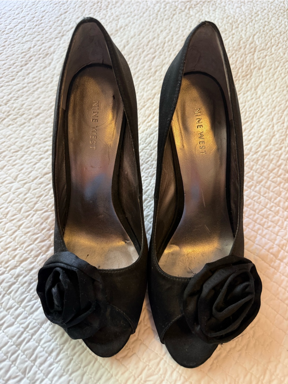 Nine West Black Floral Applique Peep-Toe Stiletto Heels